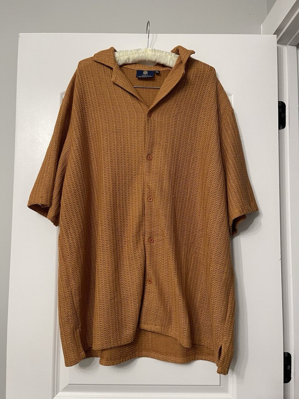Herberton Men's XXL Brown Open Knit Mesh Short Sleeve Button Up Camp Shirt
